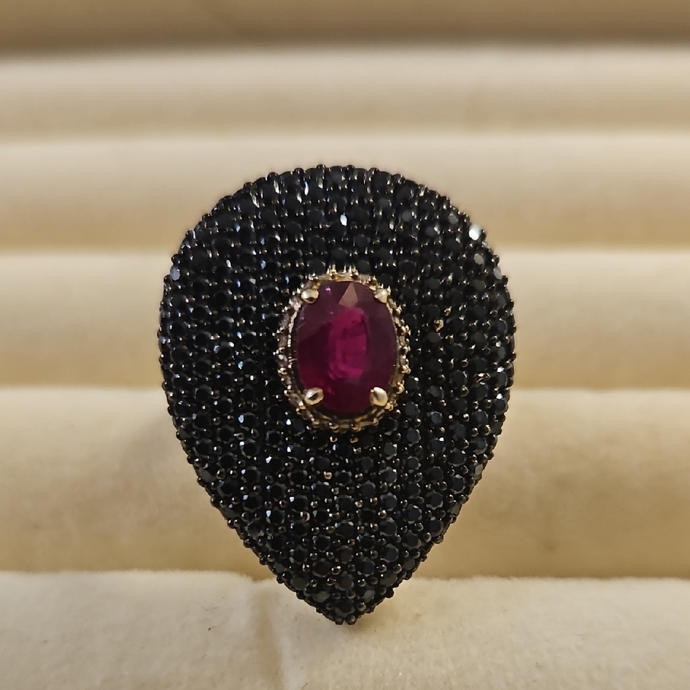 Carol Brodie Sterling Silver Ring  Black Spinel and Ruby gemstones. Size 6 1/2